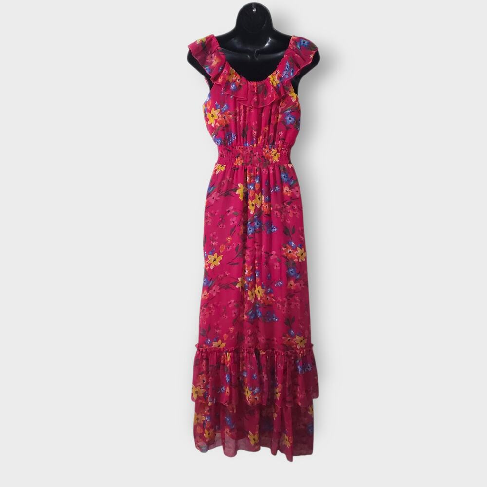 Old Navy Womens Pink Floral Chiffon Ruffle Maxi Dress Tiered Cottage Summer XS - Picture 8 of 14